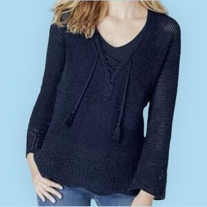 J.Jill Open Knit Crochet Cotton V-Neck Sweater Women’s S (6/8) Navy Blue